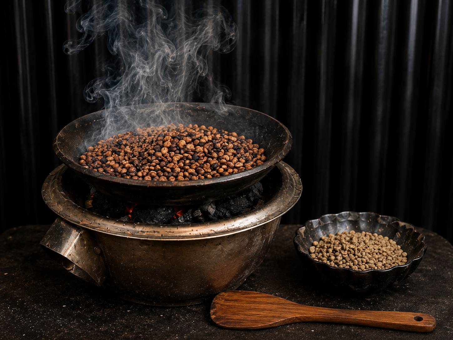 Coffee beans roasting over coals beside a bowl of raw green beans