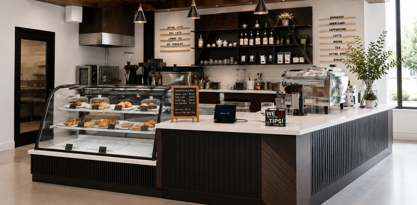 The ADOLA café counter with pastry case, espresso bar and back-bar shelving