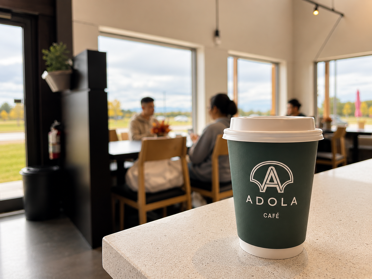 An ADOLA cup on the counter with guests seated by the windows