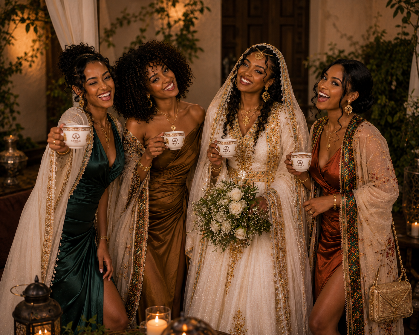 Guests in formal Ethiopian attire toasting with ADOLA coffee cups at a celebration
