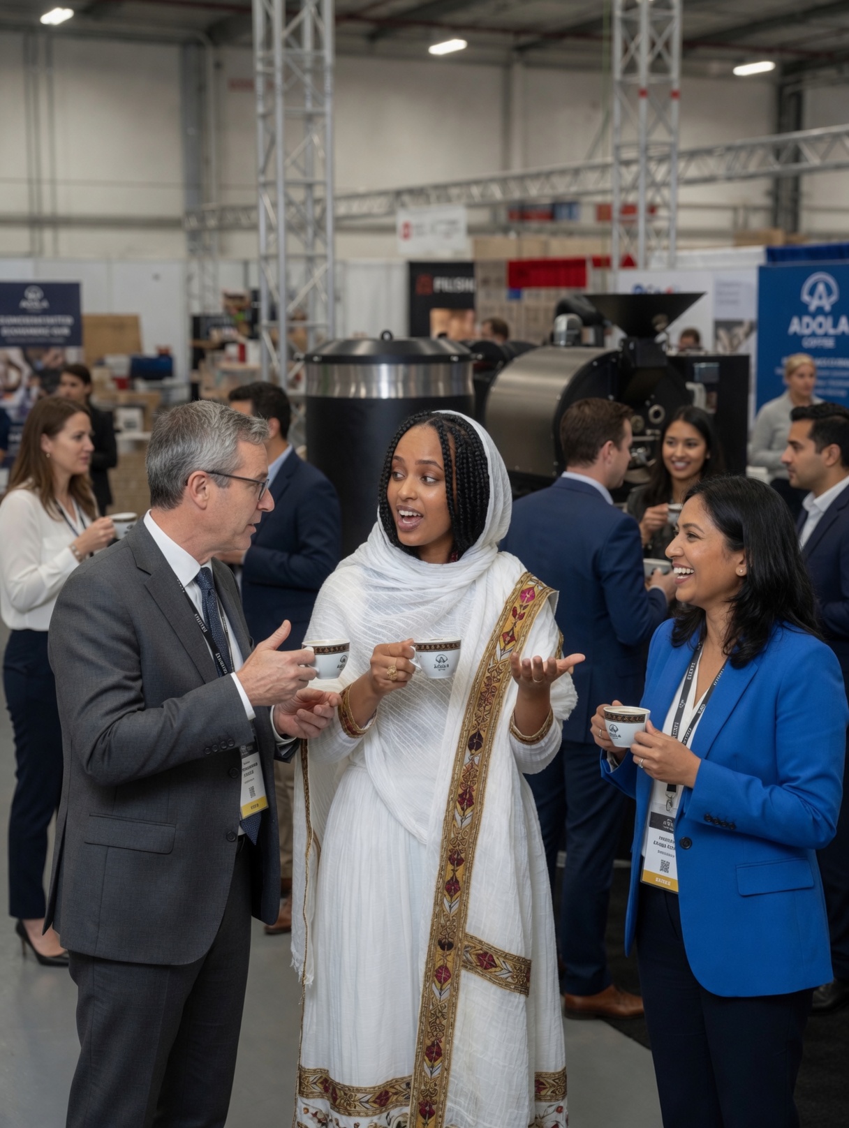 Professionals networking over ADOLA coffee at a corporate event with a roaster behind